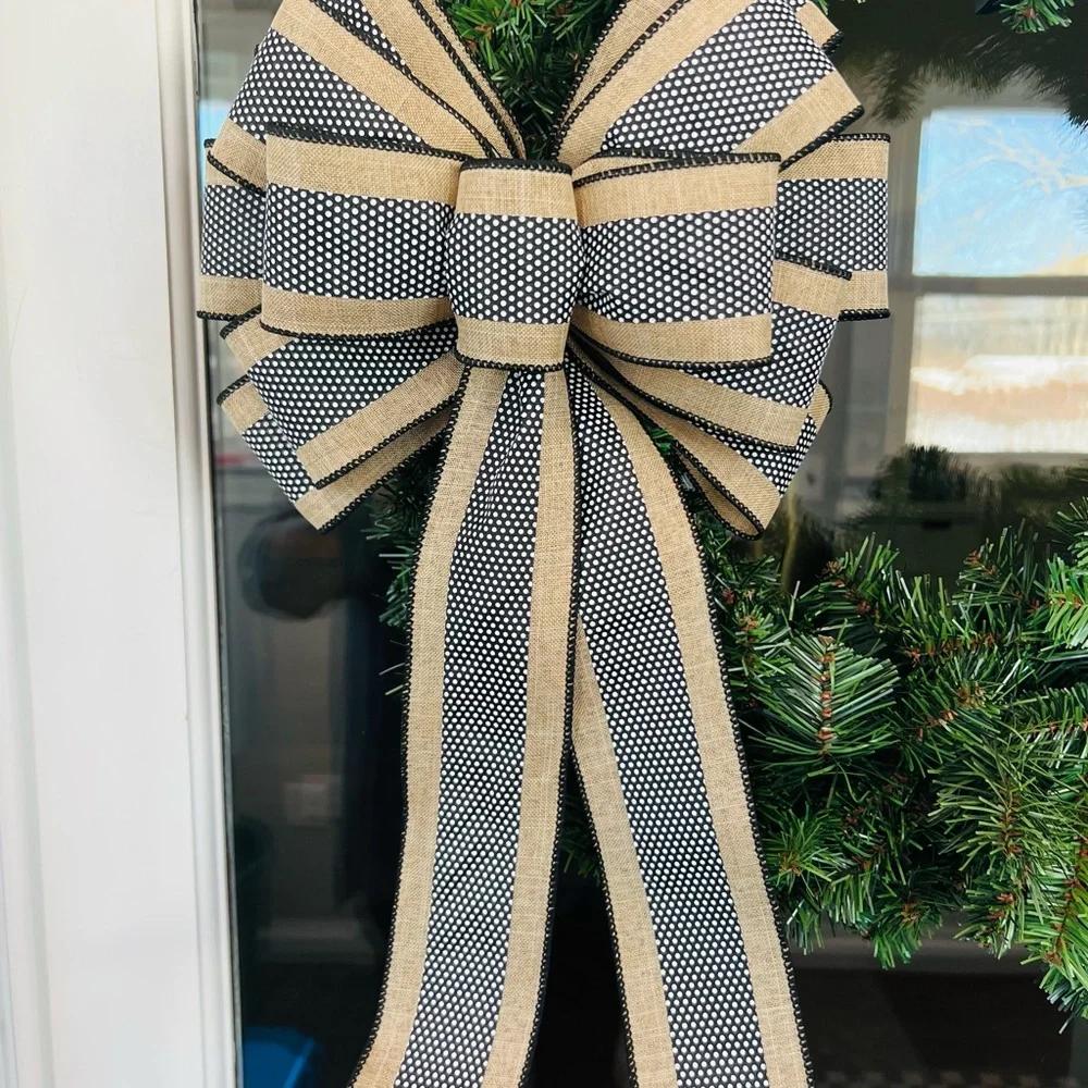 Elegant Black and Tan Polka Dot Holiday Easter Spring Summer Bow for Wreath